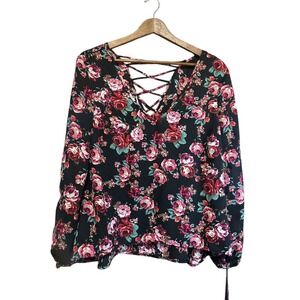 BB Dakota Black Floral Lace Up V Neck Long Sleeve Blouse Top Women's Medium